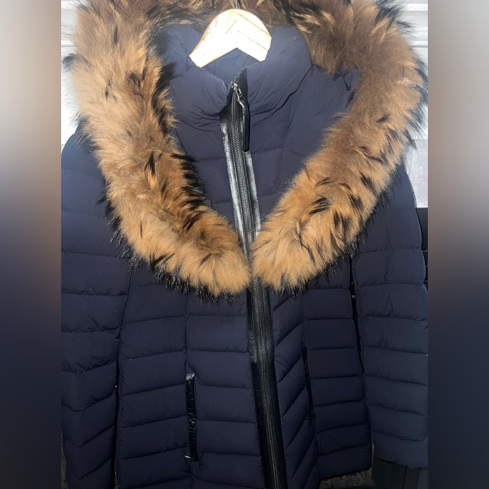 Mackage- Kadalina Light Down Jacket with fur trim collar.Navy Blue